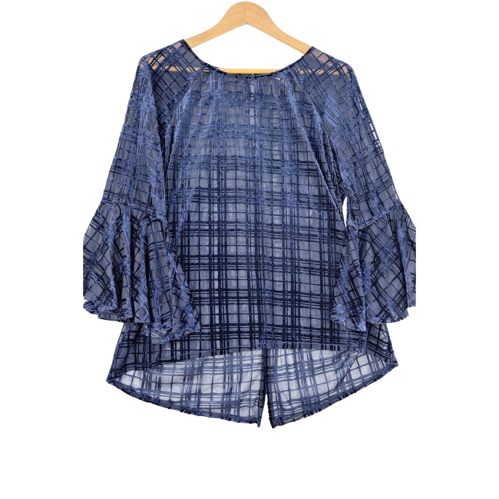LC Lauren Conrad Whimsygoth Navy Velvet Sheer Bell Sleeve Blouse Dark XL